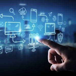 Businessman using tech devices and icons thin line interface